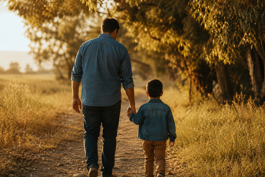 A father and child walking hand in hand toward the future